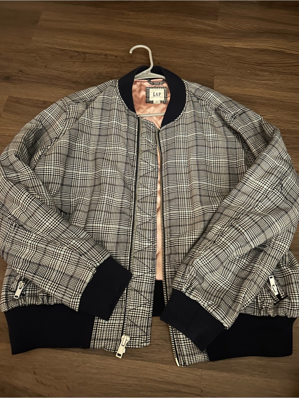 GAP Black & White Glen Plaid Bomber Jacket with Navy Trim
